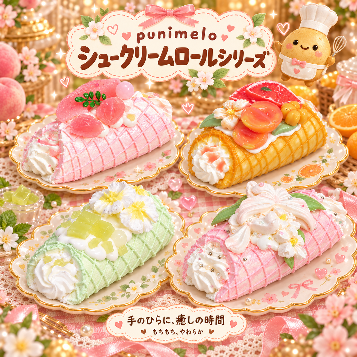【Punimelo】シュークリームロール スクイーズ 全4種｜もちもちやわらか触感・シリコーン製・ハンドメイド