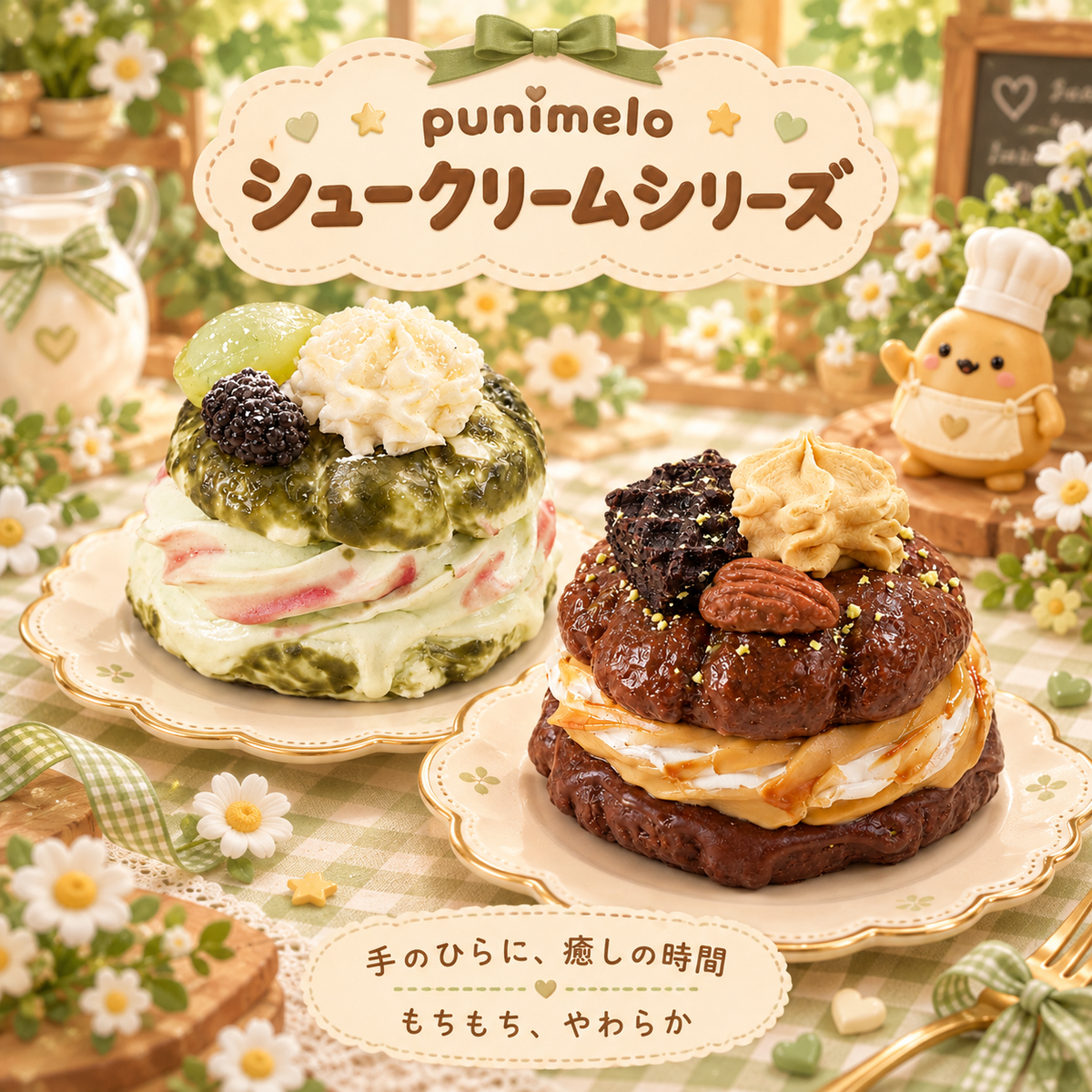 【Punimelo】シュークリーム スクイーズ 全2種｜もちもちやわらか触感・シリコーン製・ハンドメイド