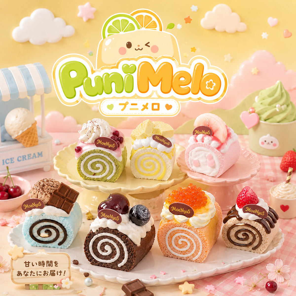 【Punimelo】デコレーションロールケーキ スクイーズ 全9種｜もちもちやわらか触感・シリコーン製・ハンドメイド