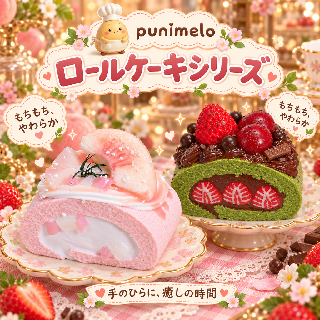 【Punimelo】ロールケーキ スクイーズ 全2種｜もちもちやわらか触感・シリコーン製・ハンドメイド