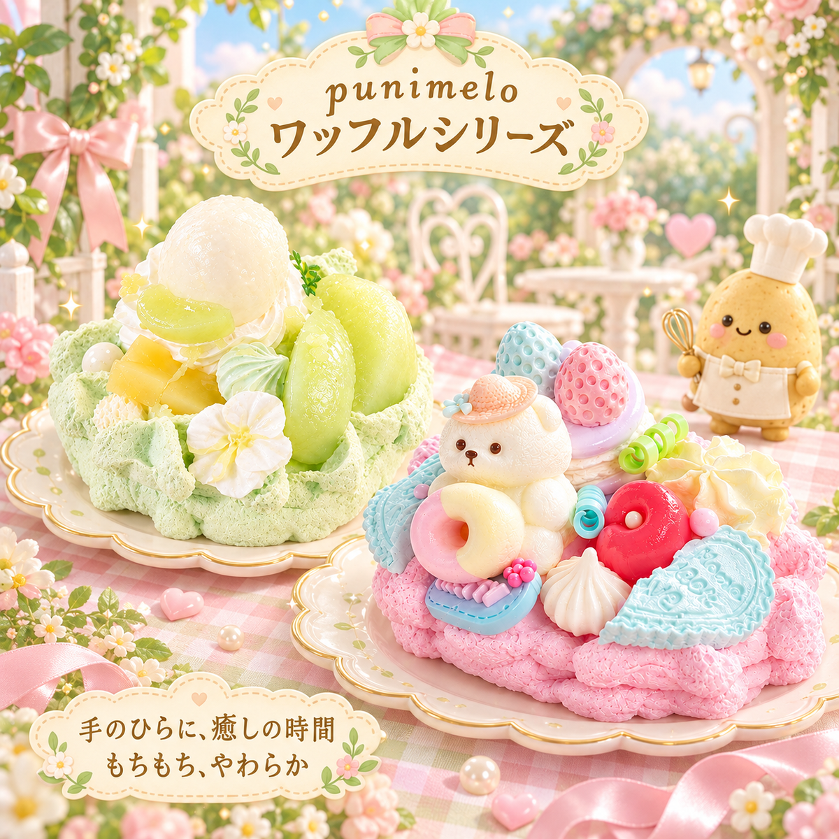 【Punimelo】デコレーションワッフル スクイーズ 全2種｜もちもちやわらか触感・シリコーン製・ハンドメイド